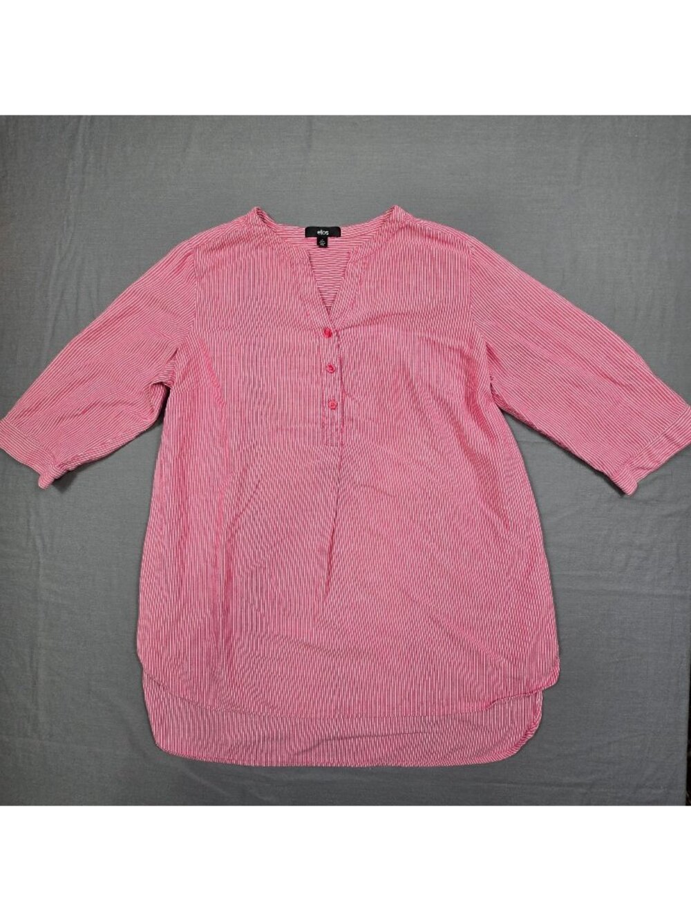 Ellos Top L 18/20 Pink Striped 100% Cotton 3/4 Sleeve Tunic Blouse